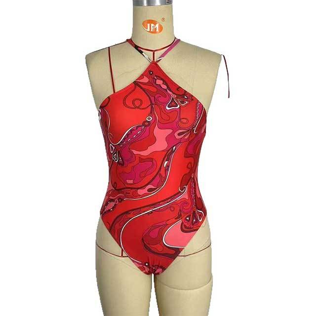Halter Neck Printed One Piece Swimwear Scarf Set