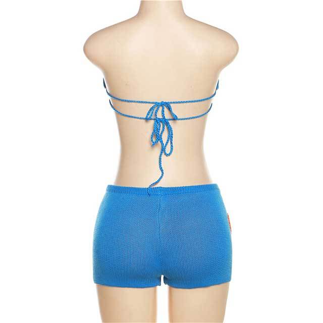 Knitting Off Shoulder Tube Top Mini Short Set