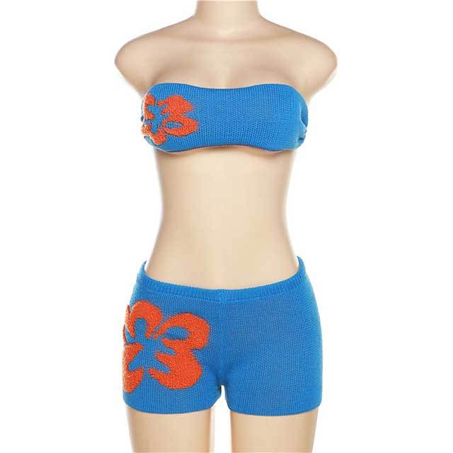 Knitting Off Shoulder Tube Top Mini Short Set