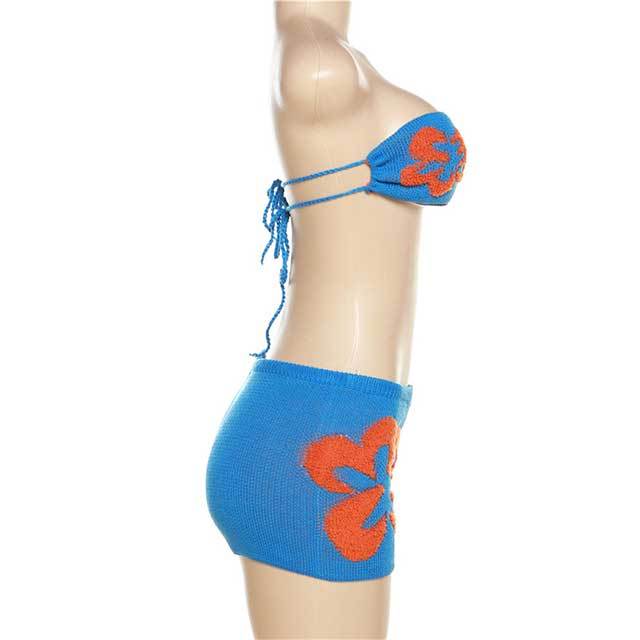 Knitting Off Shoulder Tube Top Mini Short Set