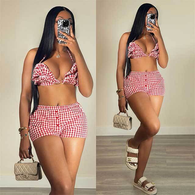 Plaid Printed Bra Top Mini Short Set