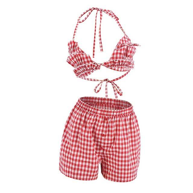 Plaid Printed Bra Top Mini Short Set