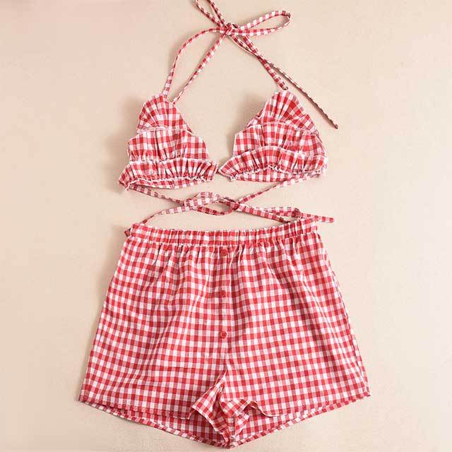 Plaid Printed Bra Top Mini Short Set
