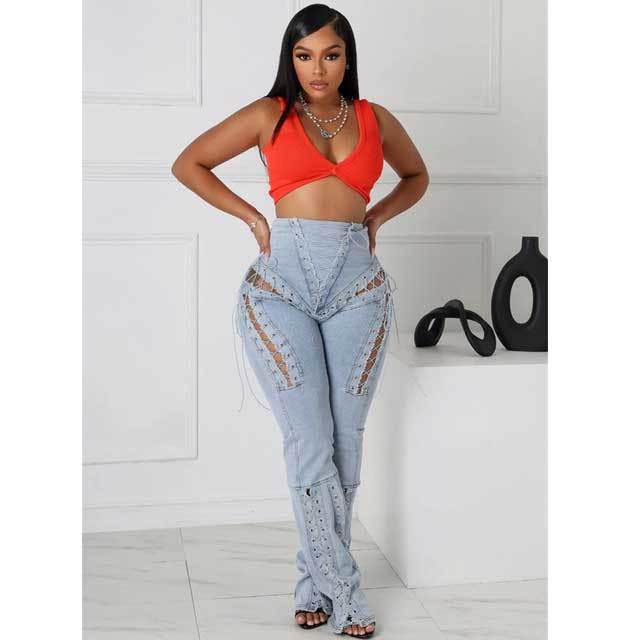 Lace-Up High Waist Bell Jeans