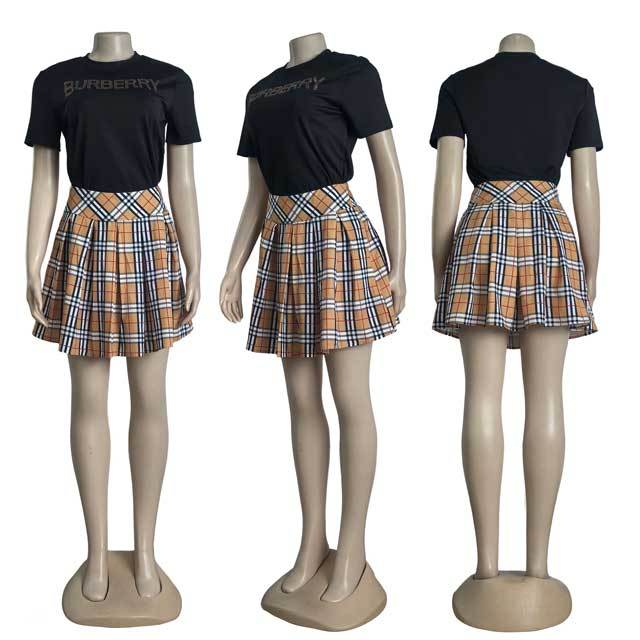 Rhinestones Top Plaid Print Pleated Skirt Set