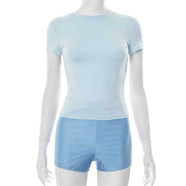 Casual O Neck T-shirt Top Slim Fit Two Pieces Short Set