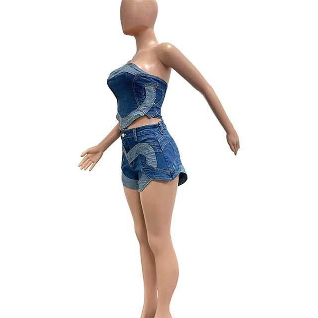 High Elastic Heart-shaped Cropped Top Washed Denim Short Set