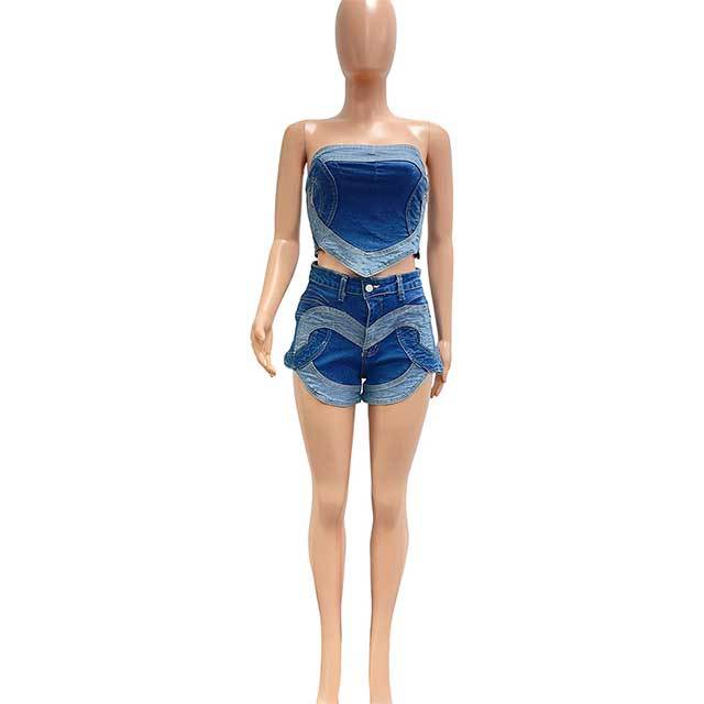 High Elastic Heart-shaped Cropped Top Washed Denim Short Set