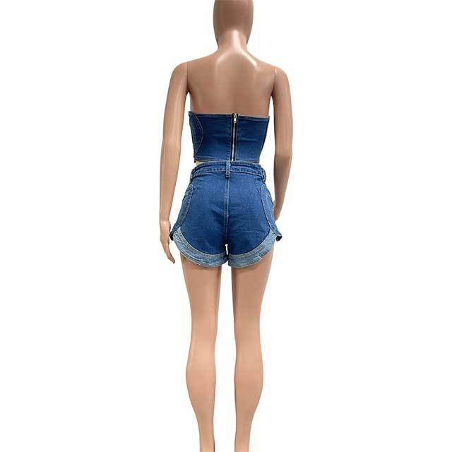 High Elastic Heart-shaped Cropped Top Washed Denim Short Set