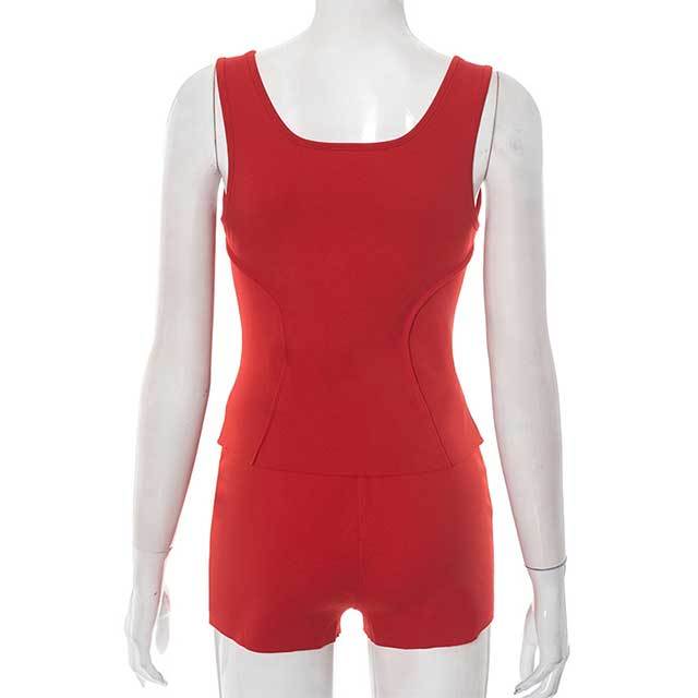 Solid Color Zip Up Tank Top Slim Fit Short Set