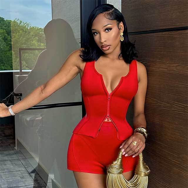Solid Color Zip Up Tank Top Slim Fit Short Set