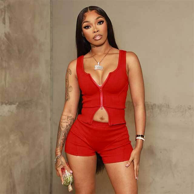 Solid Color Zip Up Tank Top Slim Fit Short Set