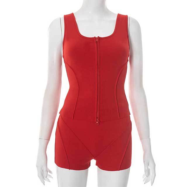 Solid Color Zip Up Tank Top Slim Fit Short Set