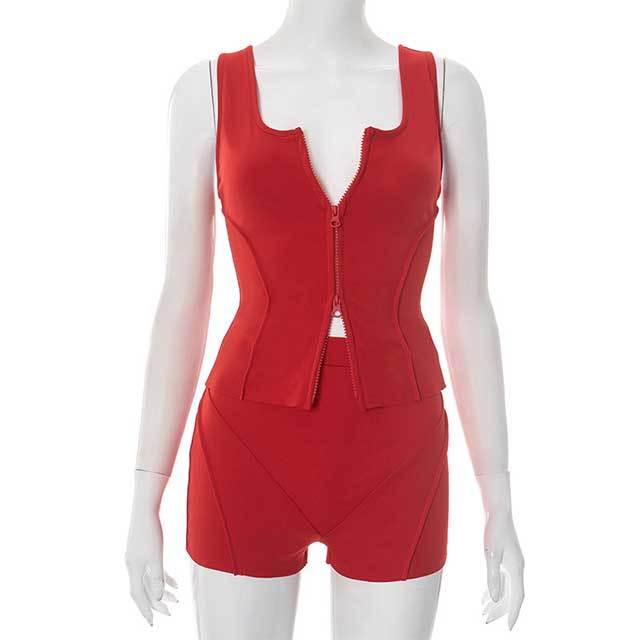 Solid Color Zip Up Tank Top Slim Fit Short Set