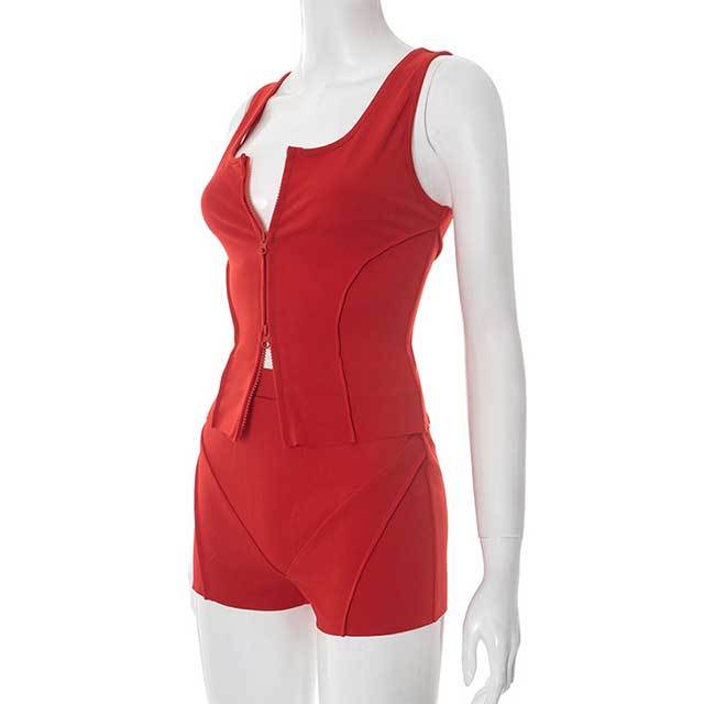 Solid Color Zip Up Tank Top Slim Fit Short Set