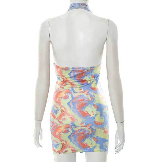 Tie Dye Printed Halter Neck Hollow Out Bodycon Dress