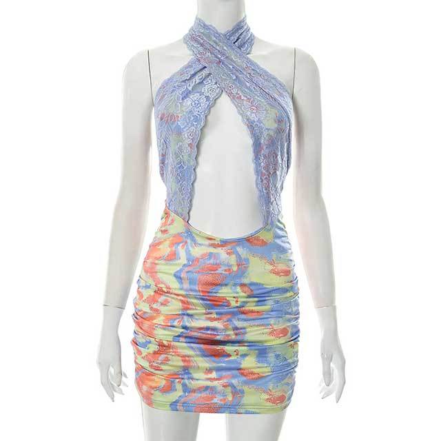Tie Dye Printed Halter Neck Hollow Out Bodycon Dress
