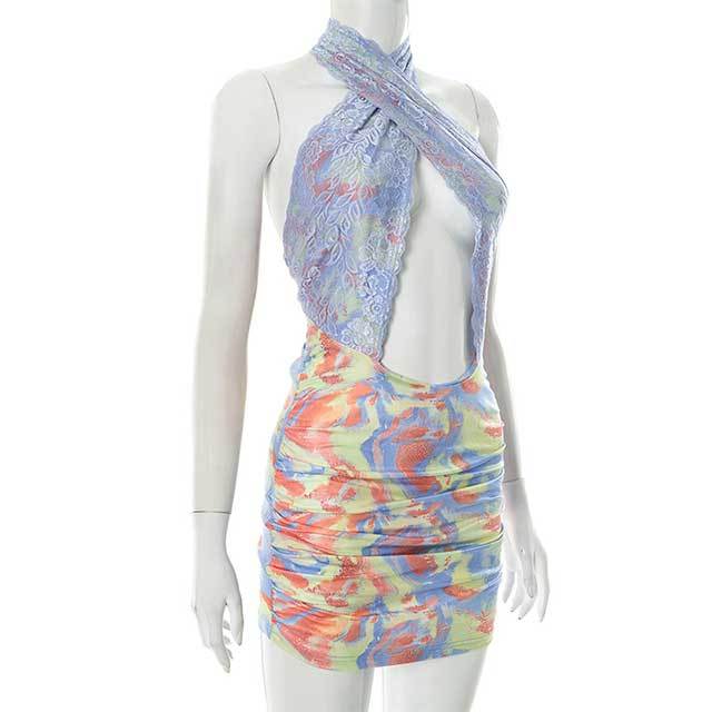 Tie Dye Printed Halter Neck Hollow Out Bodycon Dress