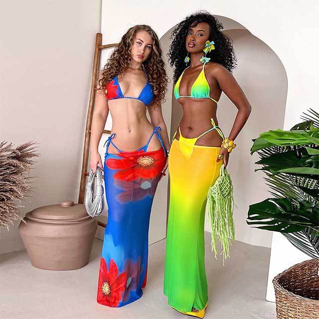 Floral Printed 3 Pieces Bikinis Skirt Set