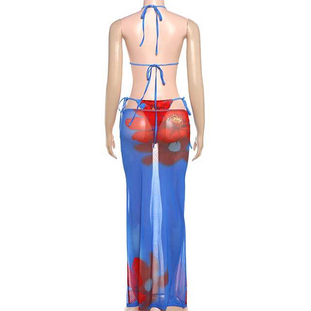 Floral Printed 3 Pieces Bikinis Skirt Set