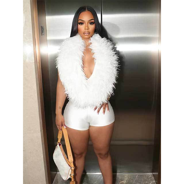 Feather Plunging V Neck Halter Slim Romper