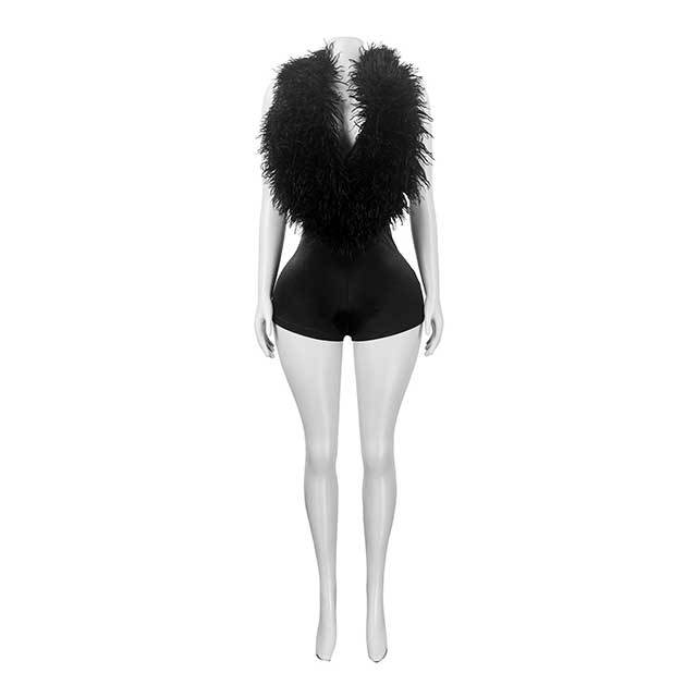 Feather Plunging V Neck Halter Slim Romper