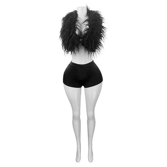 Halter Neck Feather Crop Top Stain Short Set
