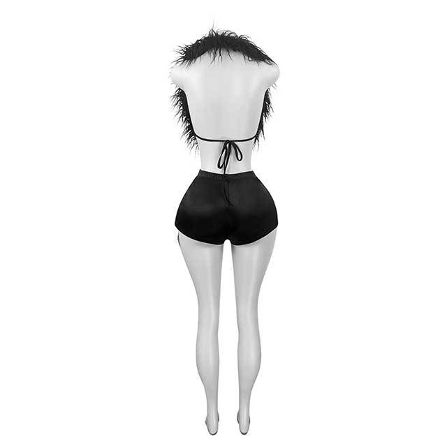 Halter Neck Feather Crop Top Stain Short Set