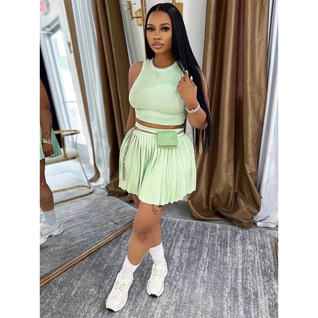 Knitting Sleeveless Crop Top Pleated Mini Skirt Set