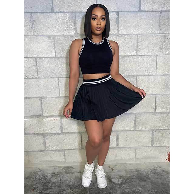 Knitting Sleeveless Crop Top Pleated Mini Skirt Set