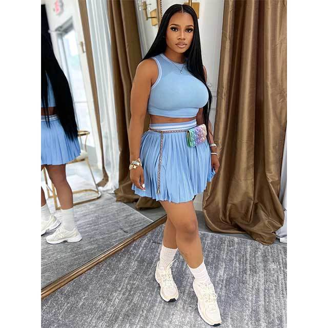 Knitting Sleeveless Crop Top Pleated Mini Skirt Set