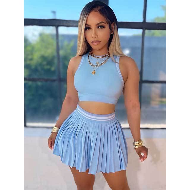 Knitting Sleeveless Crop Top Pleated Mini Skirt Set