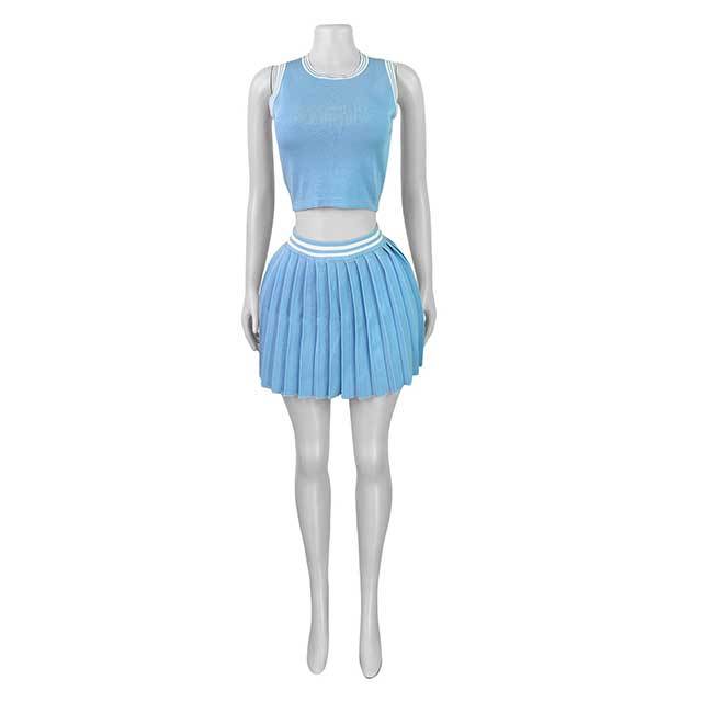 Knitting Sleeveless Crop Top Pleated Mini Skirt Set
