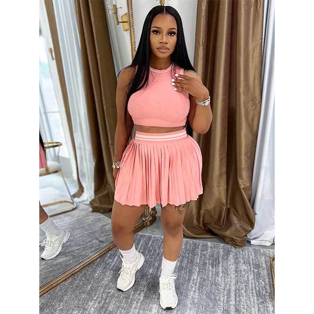Knitting Sleeveless Crop Top Pleated Mini Skirt Set