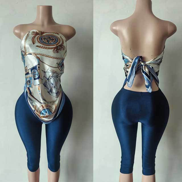 Printed Tied-up Tube Top Slim Cropped Pants Set