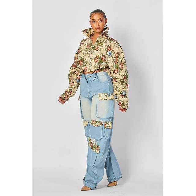 Embroidery Floral Denim Jacket Top Cargo Pant Set