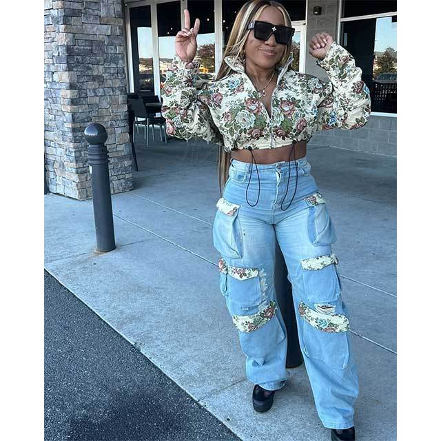 Embroidery Floral Denim Jacket Top Cargo Pant Set
