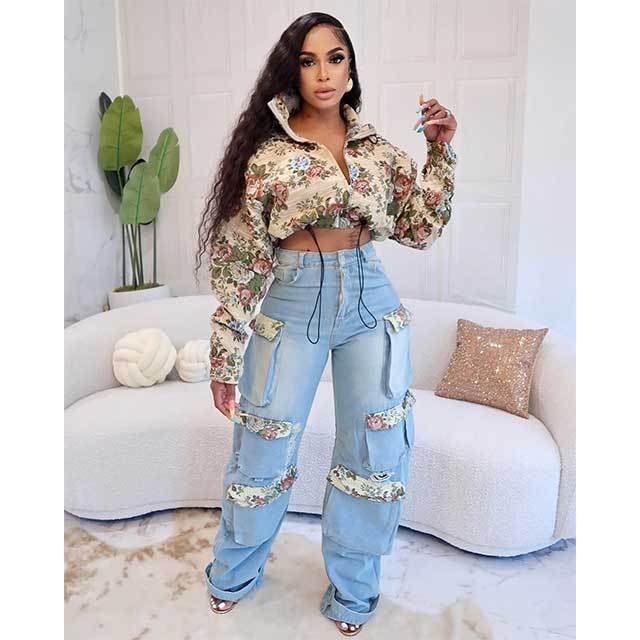 Embroidery Floral Denim Jacket Top Cargo Pant Set