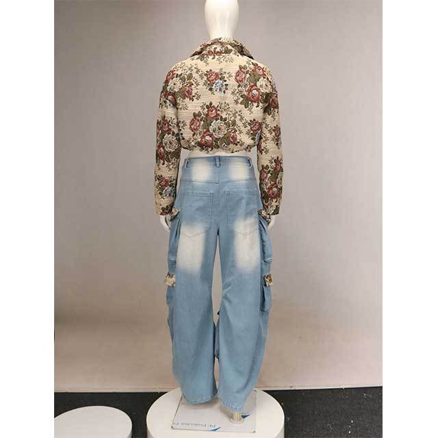 Embroidery Floral Denim Jacket Top Cargo Pant Set