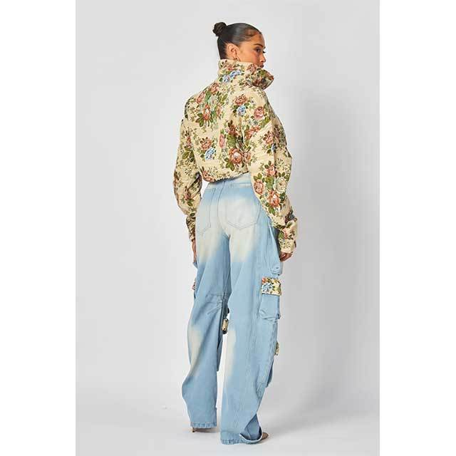 Embroidery Floral Denim Jacket Top Cargo Pant Set