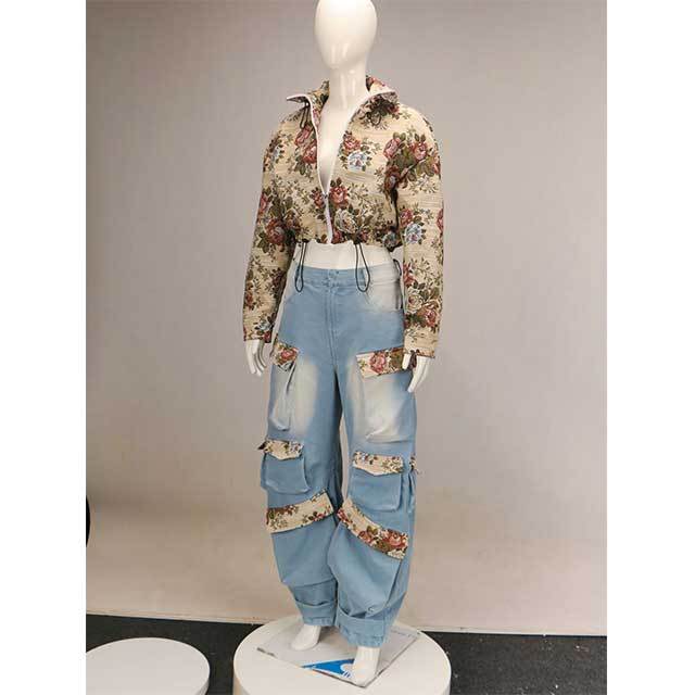 Embroidery Floral Denim Jacket Top Cargo Pant Set
