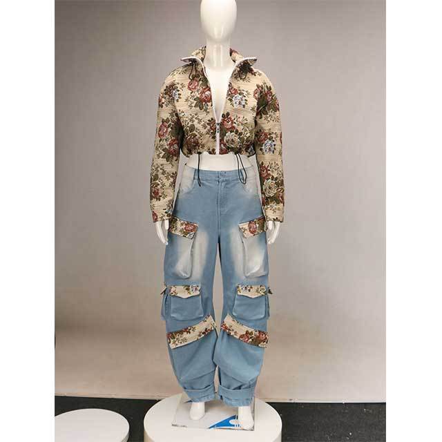 Embroidery Floral Denim Jacket Top Cargo Pant Set