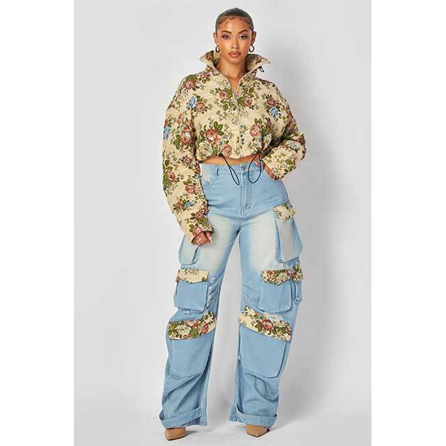 Embroidery Floral Denim Jacket Top Cargo Pant Set