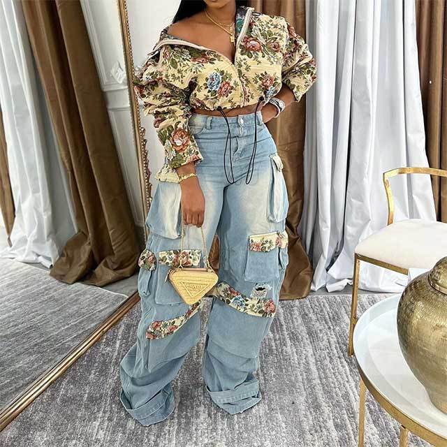 Embroidery Floral Denim Jacket Top Cargo Pant Set