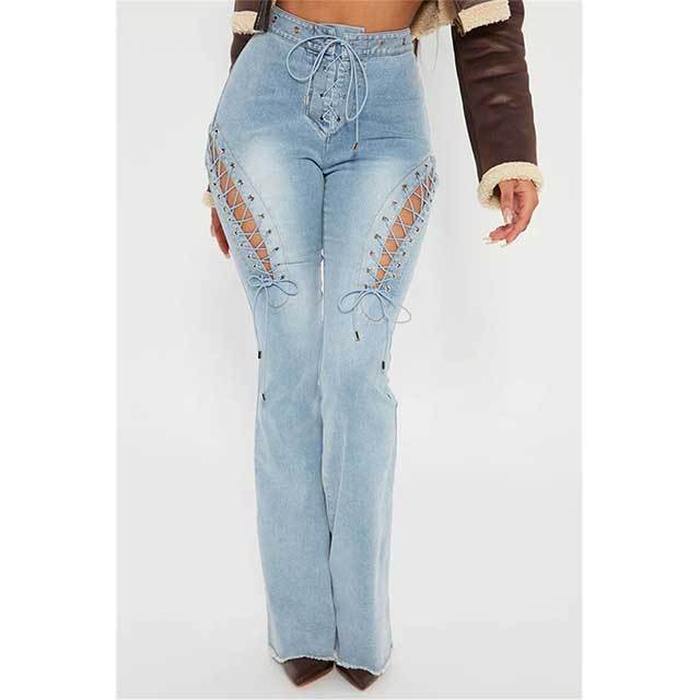 High-waisted Ripped Eyelet Lace-up Denim Flared Pants