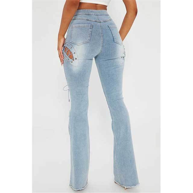 High-waisted Ripped Eyelet Lace-up Denim Flared Pants