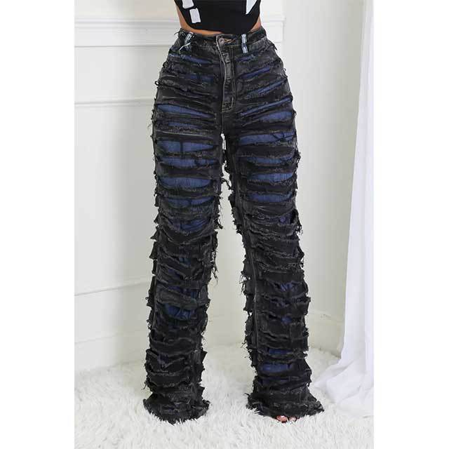 High Waist Double Layer Ripped Loose Jeans