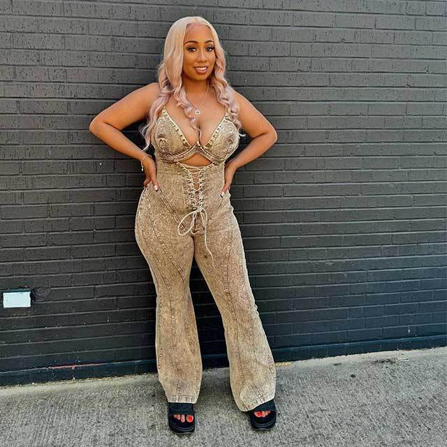 Hollow Out Tie Waist Denim Jumpsuit