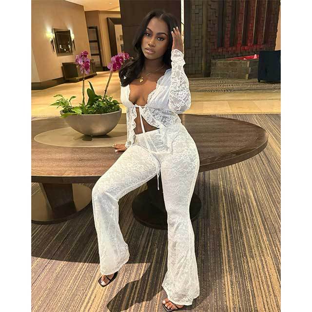 Lace-up Hollow Cardigan Top Lace Bell Pants Set