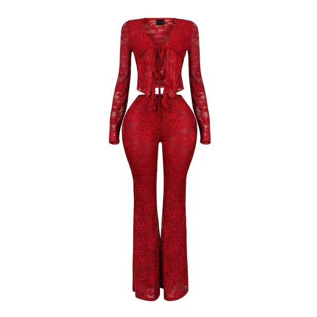 Lace-up Hollow Cardigan Top Lace Bell Pants Set